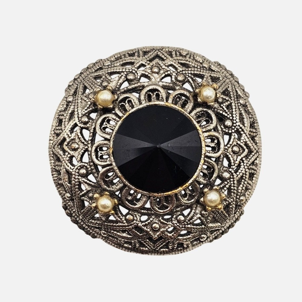 Vtg Tacoa Black‎ Rivoli Filigree Brooch Silver Tone Victorian Revival Gothic Pin